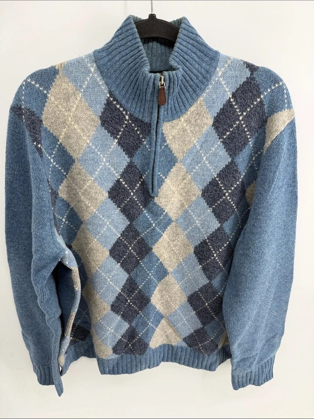 Vintage J. Crew 100% lambswool argyle pattern mock neck 1/4 zip knit sweater XL